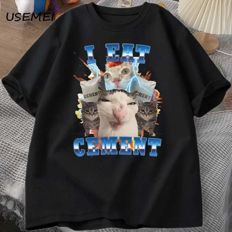 I eat cement interesting cat meme T-shirt cotton short sleeved silly ugly cat print T-shirt casual O-neck graphic T-shirtW250419