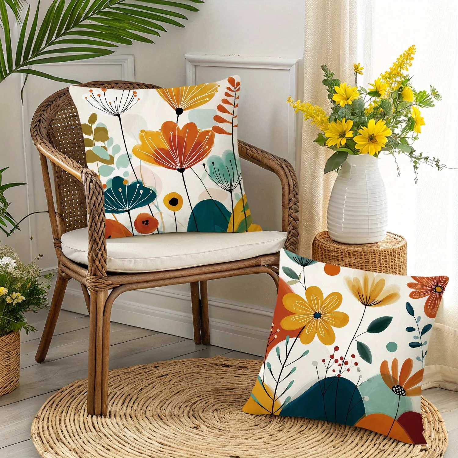 4pcs Boho Floral Throw Covers 18x18in - Vibrant Abstract Botanical Art in Warm Earth Tones Soft Short Plush PolyesterM251119