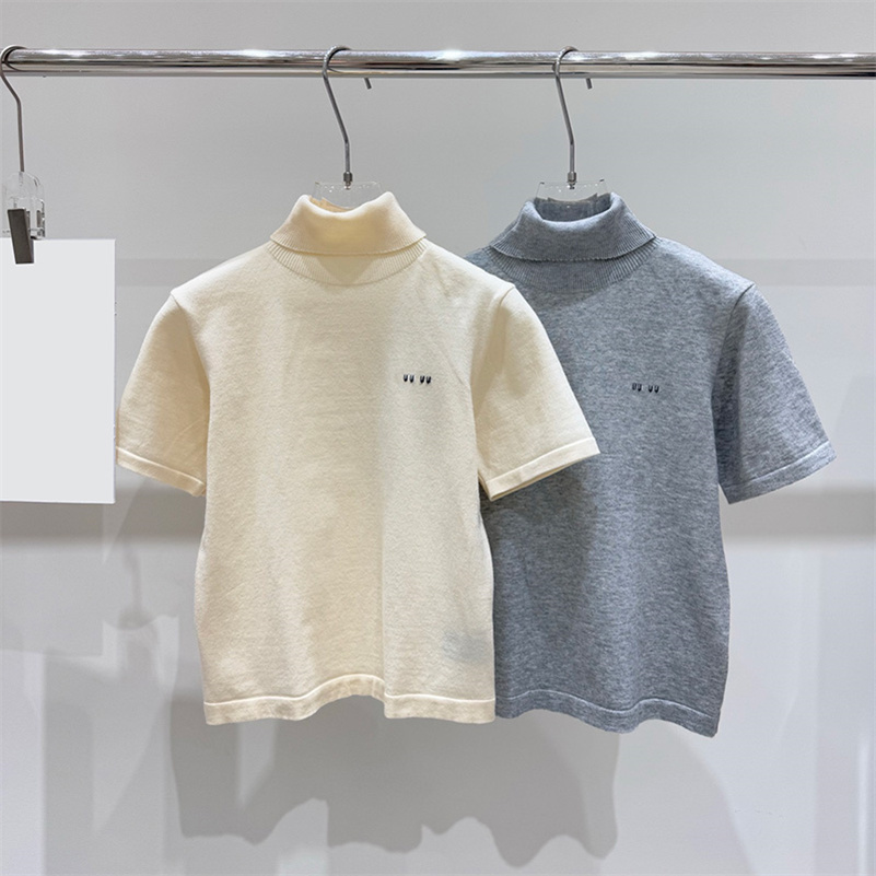 Designer High Neck Knitted T Shirts Womens Solid Color Short Sleeve Knit Bottoming Tops Spring Summer Minimalist Casual Tees Knitwear