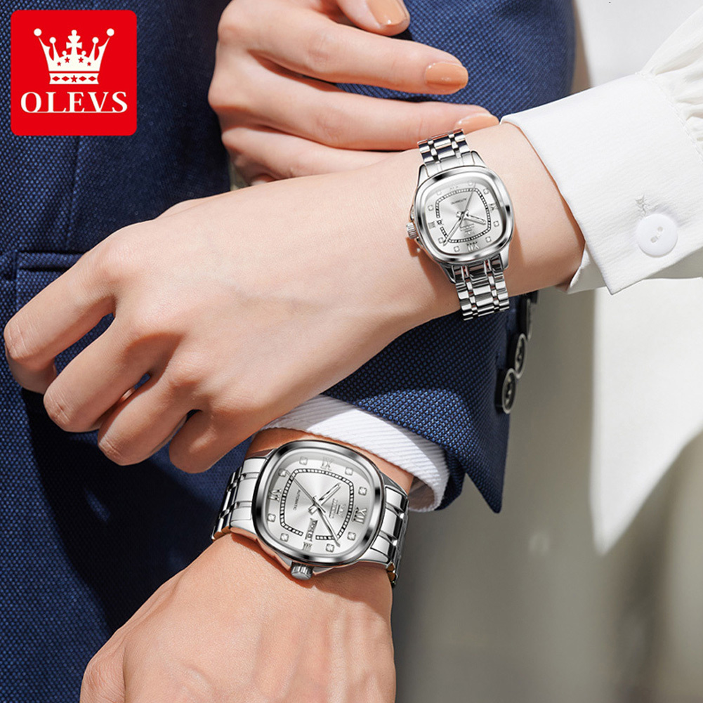 OLEVS Designer Automatic Mechanical Watch Wine Barrel Square Steel Band Calendar Women's Waterproof Luminous Luxury Men's Wristwatch Free Sh