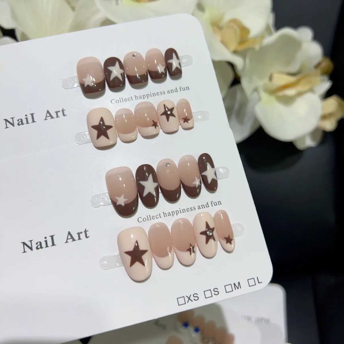 10pcs Handmade French Short Press On Nails Milk Coffee Color Star Design Y2K Fake Nail Wearable Nail Art Tips for GirlsT251118T251119
