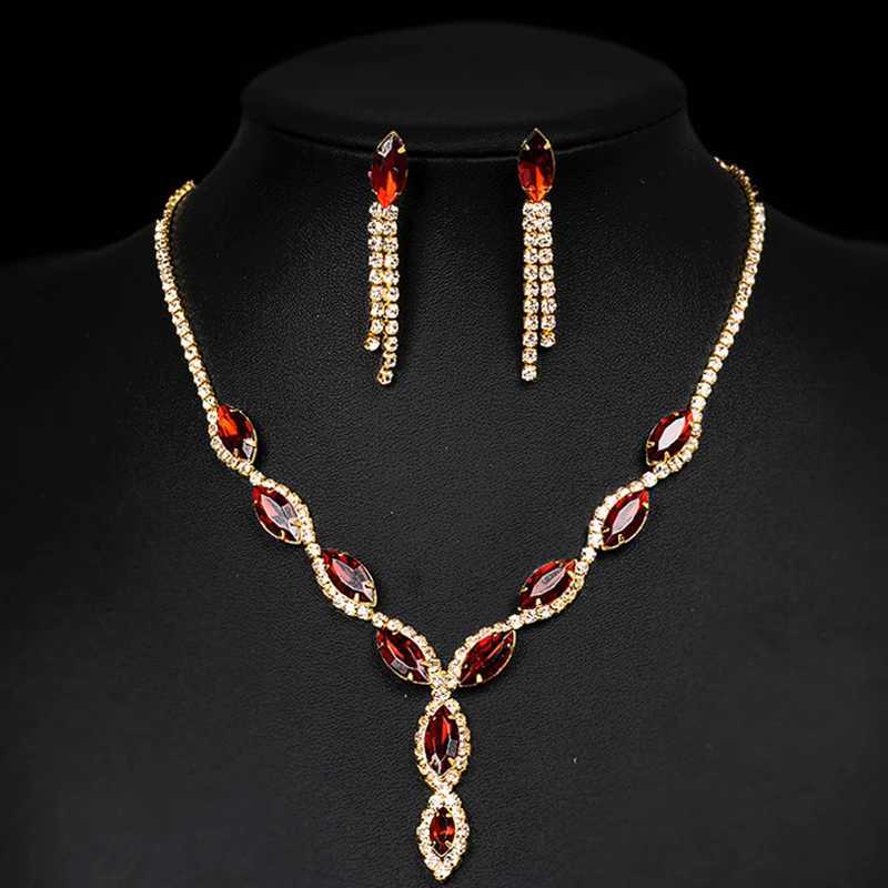 BLIJRY Gold Red Crystal Wedding Party Jewelry Set Female Accessories Charm Necklace Earrings Bridal Jewelry SetT250419