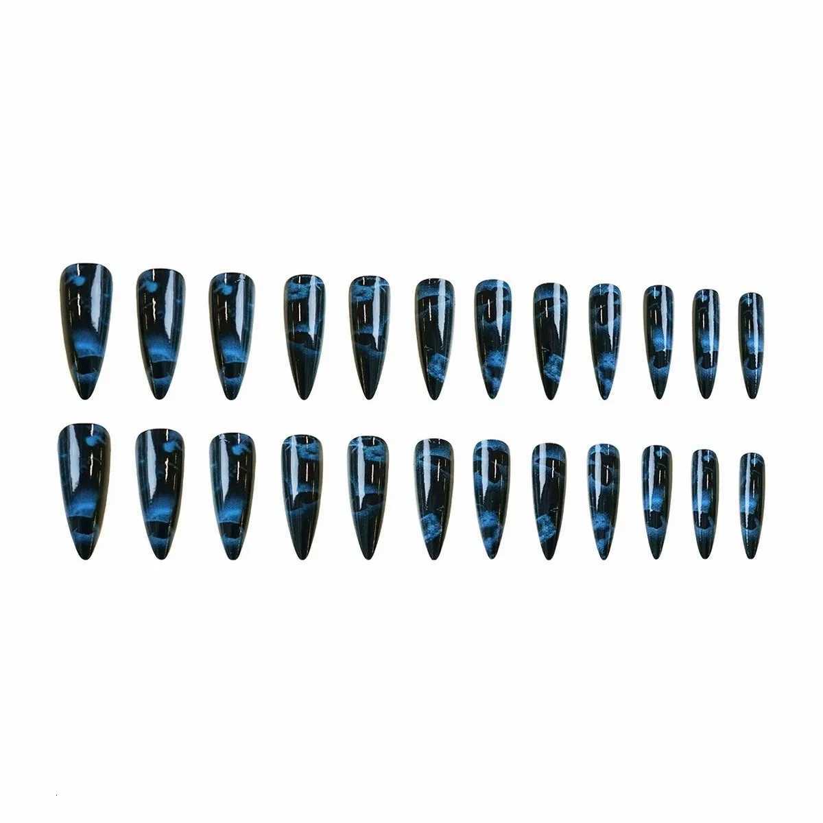24PCS Dark Blue Butterfly Y2k False Nails Spicy Girls Gradient French Pointed Fake Nails Press On Long Stiletto Artificial NailsT251118T251119