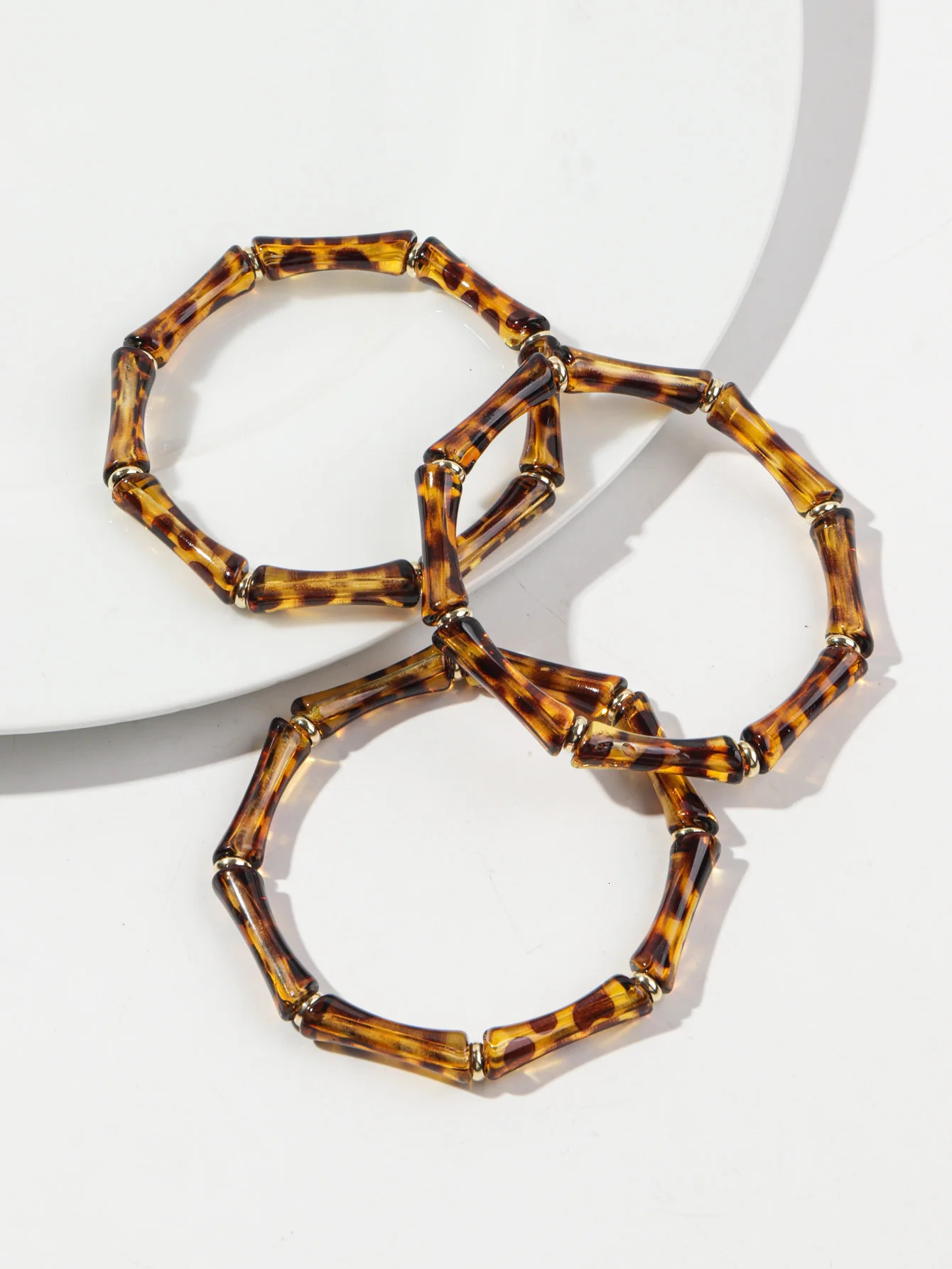3pcs Leopard Acrylic Bamboo Womens Hand Bracelets Retro Stack Thin Tube Beaded Elastic Bracelet Bangle Couple Jewelry Gift 250418