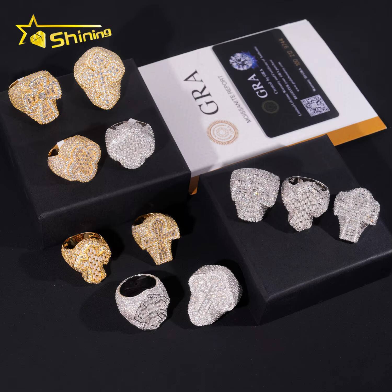 GRA Certificate Solid 925 Silver Gold Plated Fine Jewelry Sparkle Cross Style Iced Out Moissanite Men Rings Hip Hop Ring