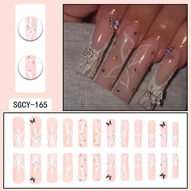 Fashionable Set Of 24 Rectangle Shaped Black French Nail Tips With Glitter Silver Butterfly Rhinestone DecorationT251118T251119