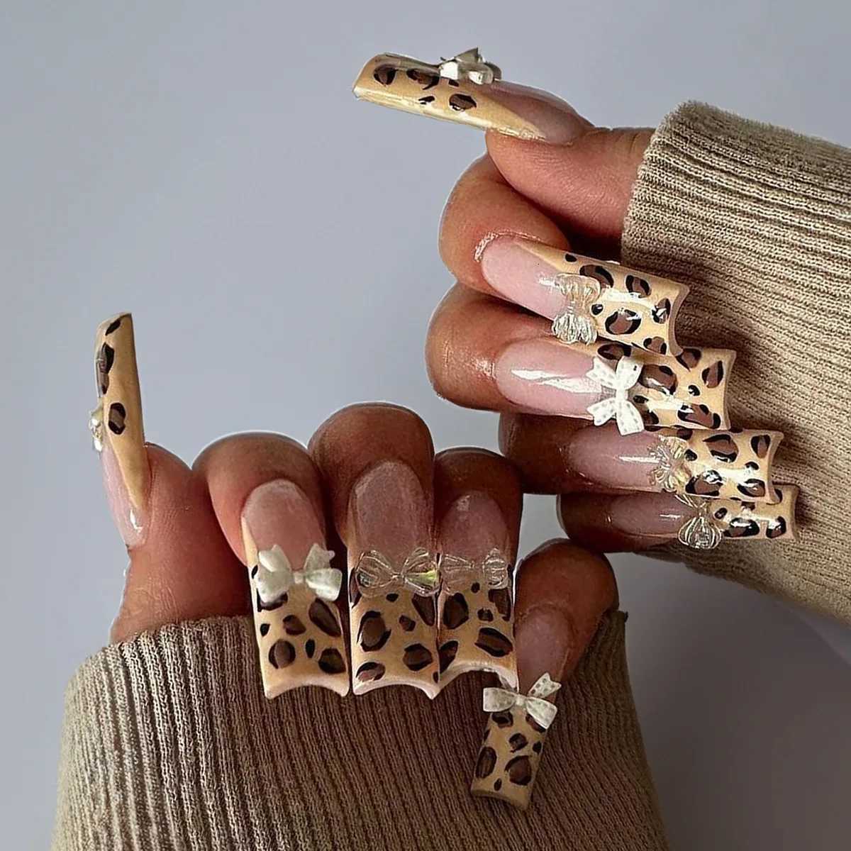 24Pcs Long Square Press on Nails Leopard Print French 3D Cherry Design False Nail Rhinestone Wearable Full Cover Fake Nails TipsT251118T251119