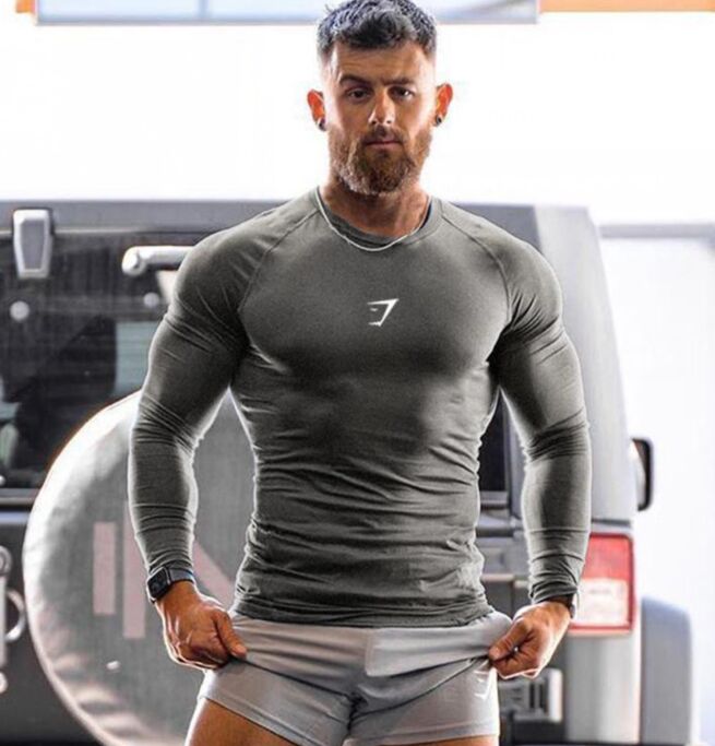 Men's Compression Gym Long Sleeve Workout T-shirt for Fitness, Shark Quick Dry Sportswear for Bodybuilding