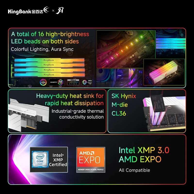 KingBank DDR5 White RGB 288pin memoria ram 24GBx2 7600MHz UDIMM Memory Desktop Memory Hynix M die CL36