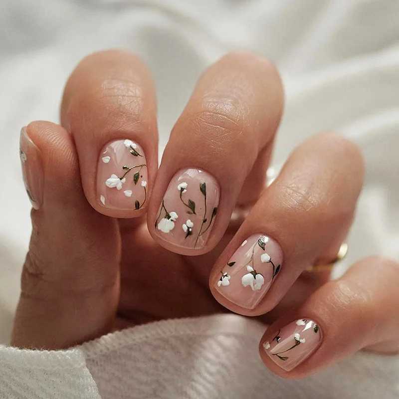 24Pcs Short Square Head Fake Nail with Colorful Flower Designs Wearable French False Nails Ballet Finished Jelly Stick on NailsT251118T251119