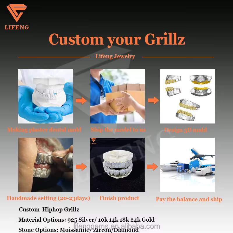 Custom Flawless Grillz 8 on 8 Deep Perm Cut Vvs Moissanite Hip Hop Grillz Iced Out S925 18k White Gold Moissanite Teeth Grillz