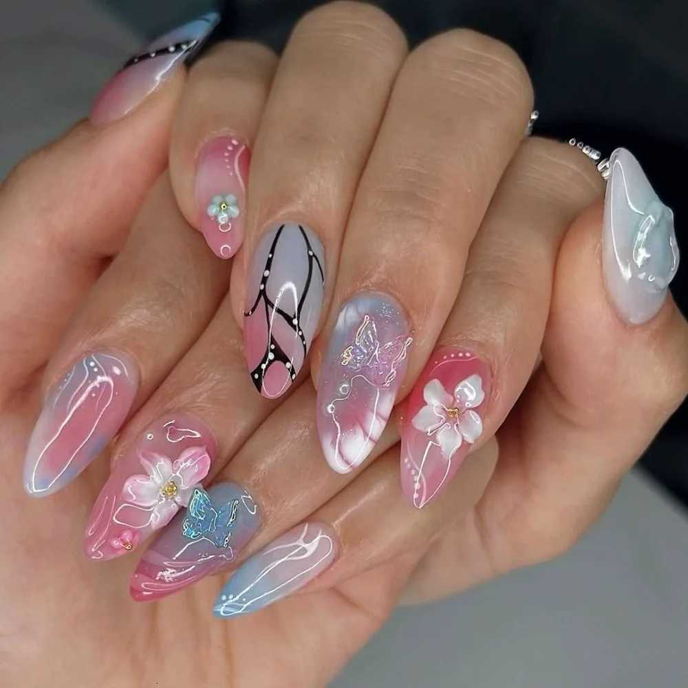24pcs French Almond Press on Nails Flower False Nails Wearable Stick-on Nails Fake Nail Uas Postizas Mujer T251118T251119