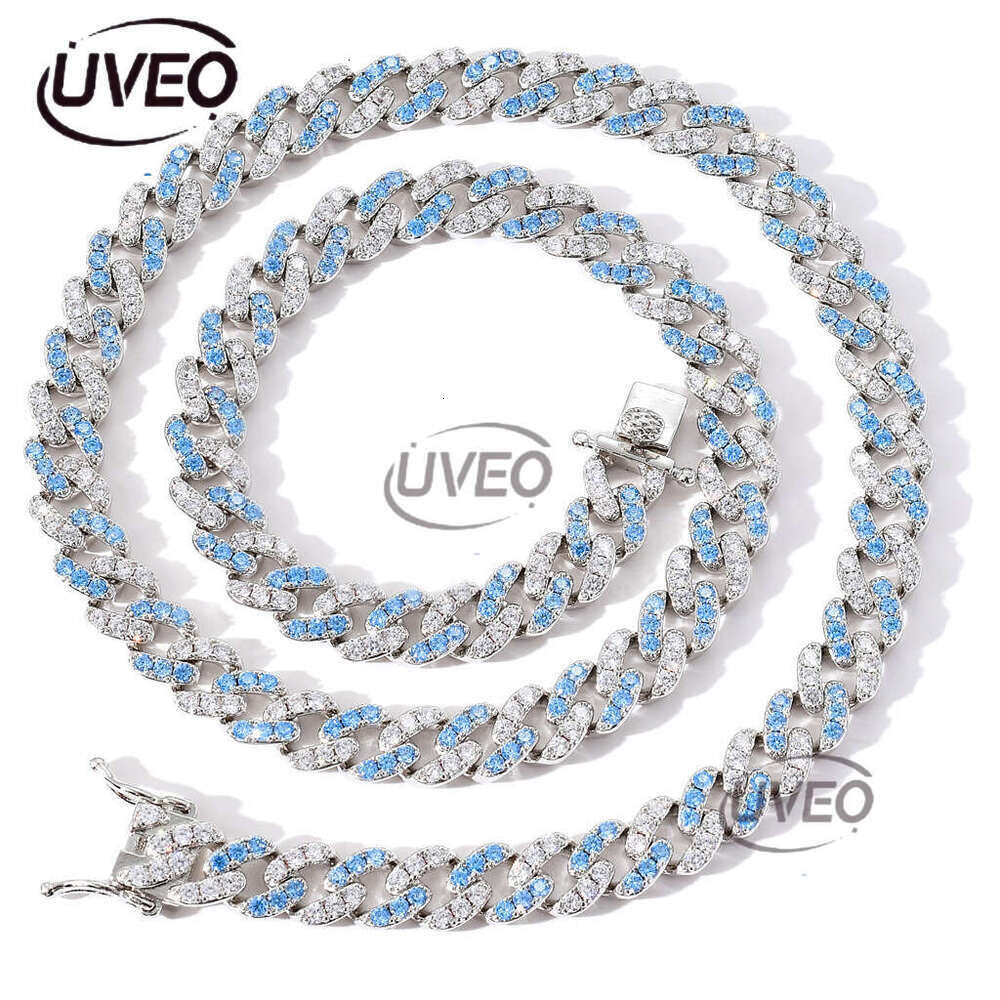 Luxury Hip Hop Necklace 9mm single row blue and white ice out VVS Moissanite Hip Hop Cuban even men and women Free delivery