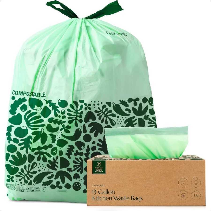 Compostable Trash Bags with Drawstring 13 Gallon 25 Units Tall BPI Certified For Kitchen Compost C251119