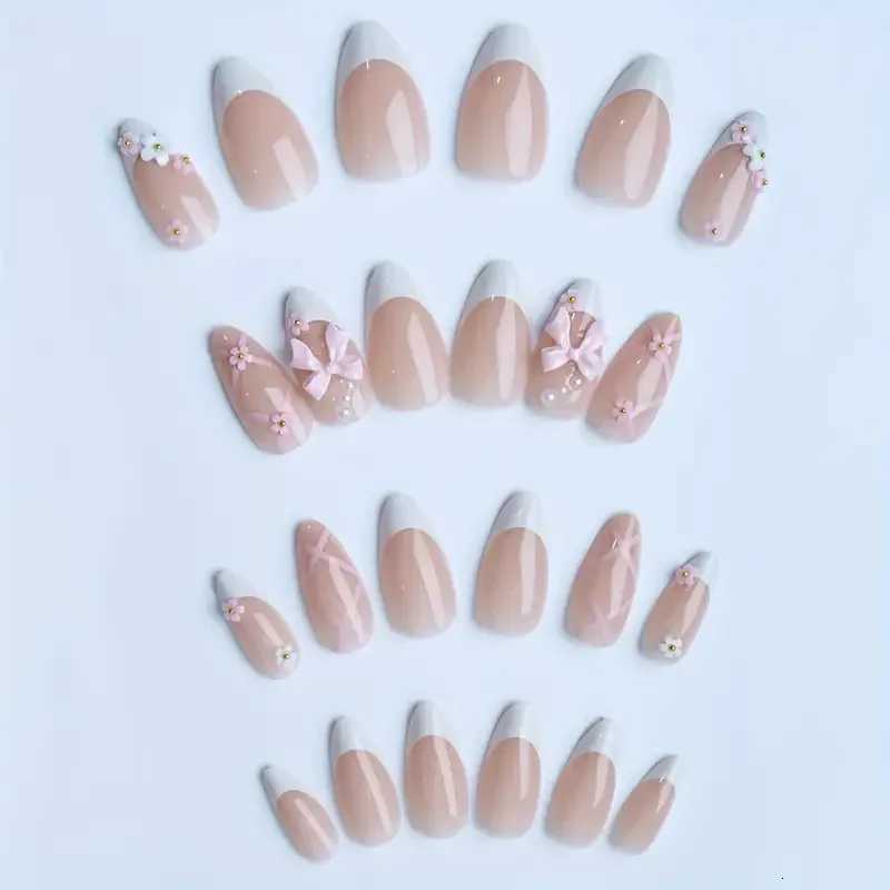 24pcs French False Nails 3D Bow Knot Flowers False Nails Pink Almond Press-on Nail Ballet Style Imitation Pearl Design Nail ArtT251118T251119