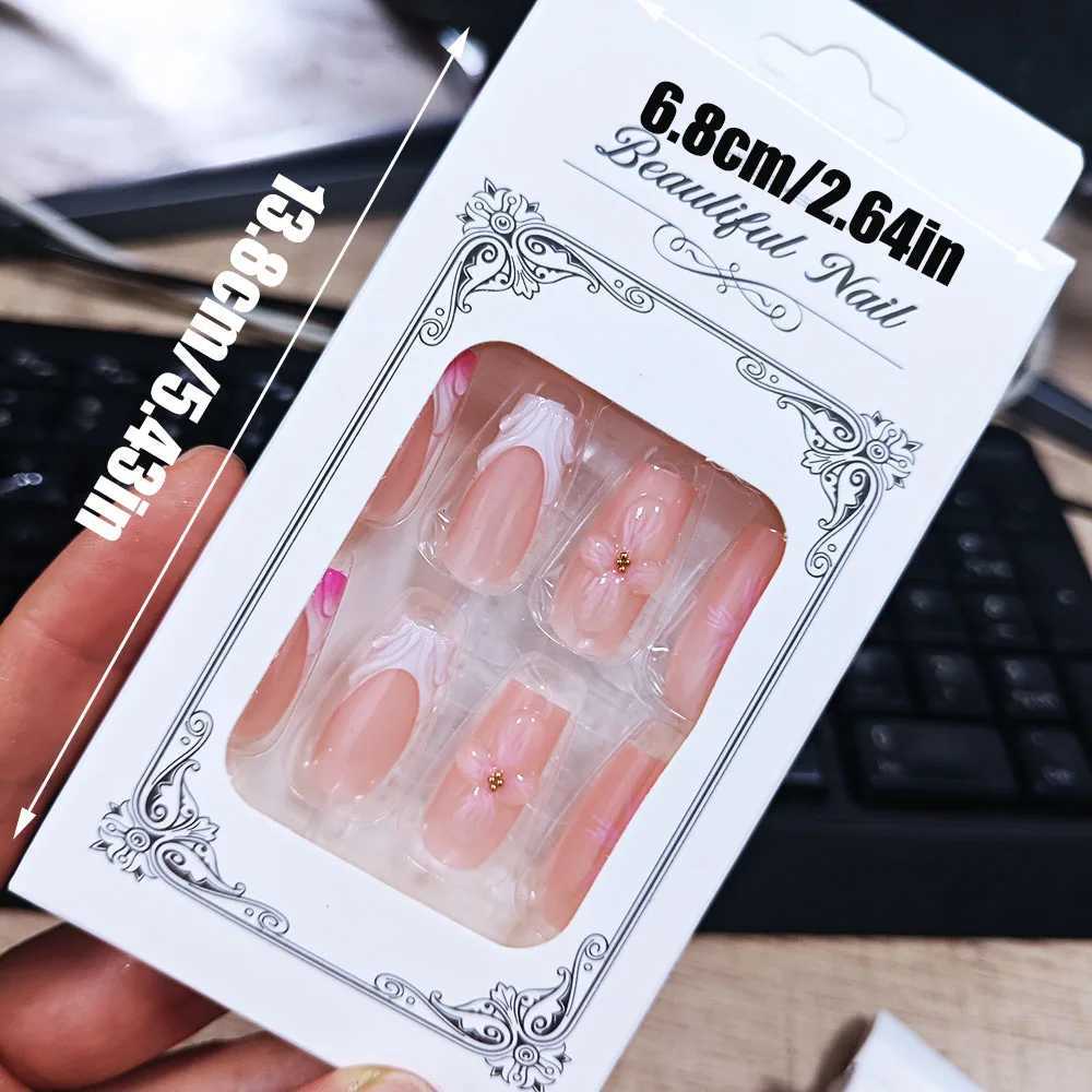 24Pcs/boxed Gradient Pink Flowers Fake Nails With 3D Carving Blossom Flowers Press On Nails Christmas Wearable False Nail SetsT251118T251119