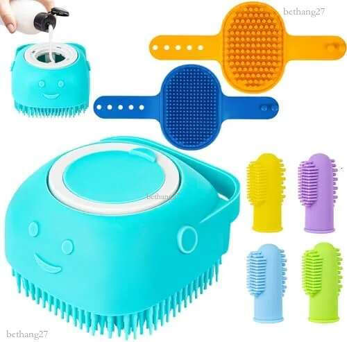 Ponpon 3PCS Dog Bath Brush with 4Pcs Dog Toothbrush, Dog Scrubber for Bath, Dog Shampoo brush with Adjustable Ring Handle, Dog Shower Brush for Long S