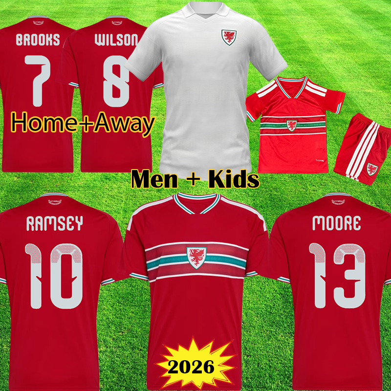 2026 Wales Soccer Jerseys JOHNSON Football Shirts WILSON 26 27 Wales National Team Kits MOORE Camiseta De Futbol JOHNSON Men Kids Kit uniforms 9999
