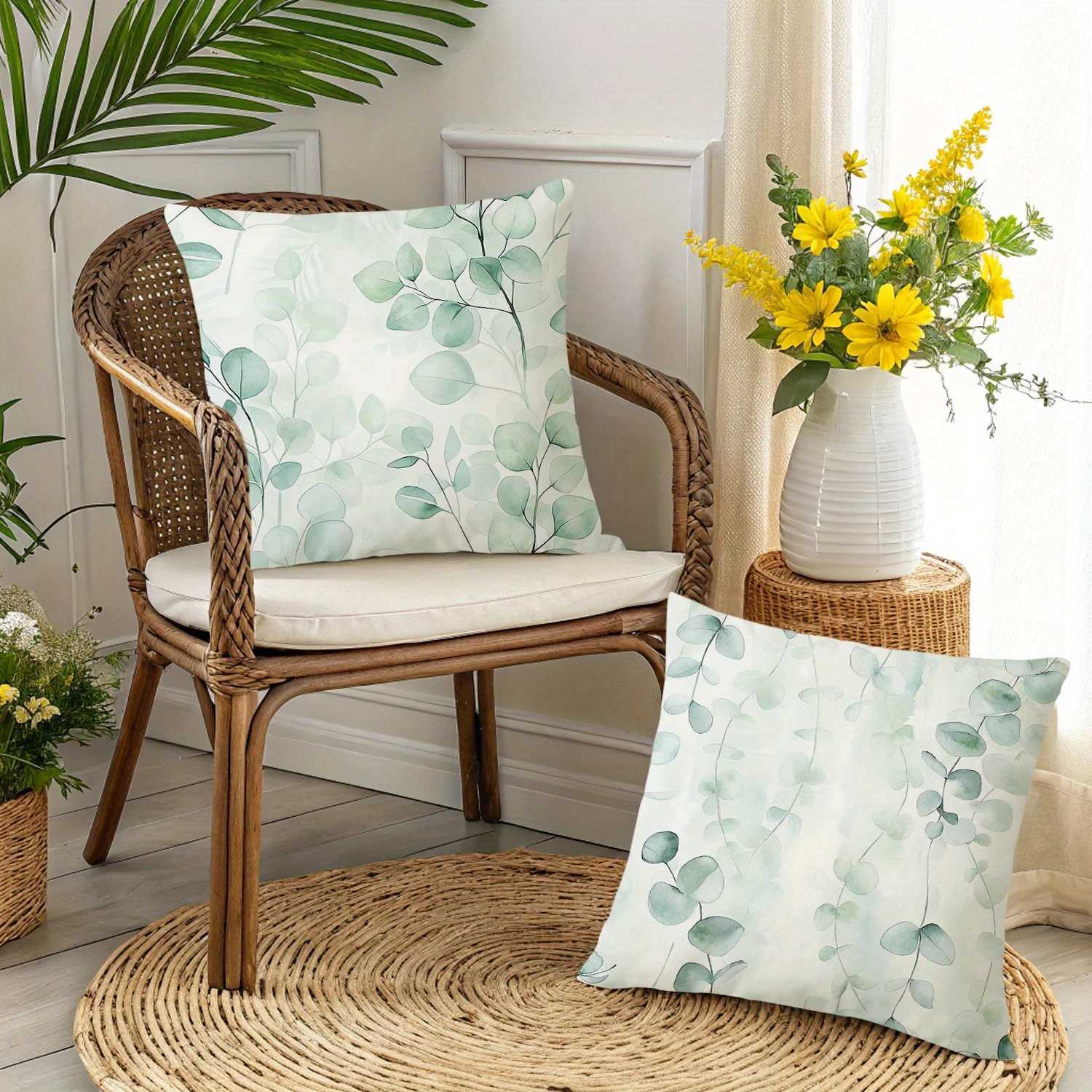 JIT4pcs Short Plush Watercolor Eucalyptus Printed Throw Covers 18in18in Boho Cozy Leaves Pattern Decor CushionM251119