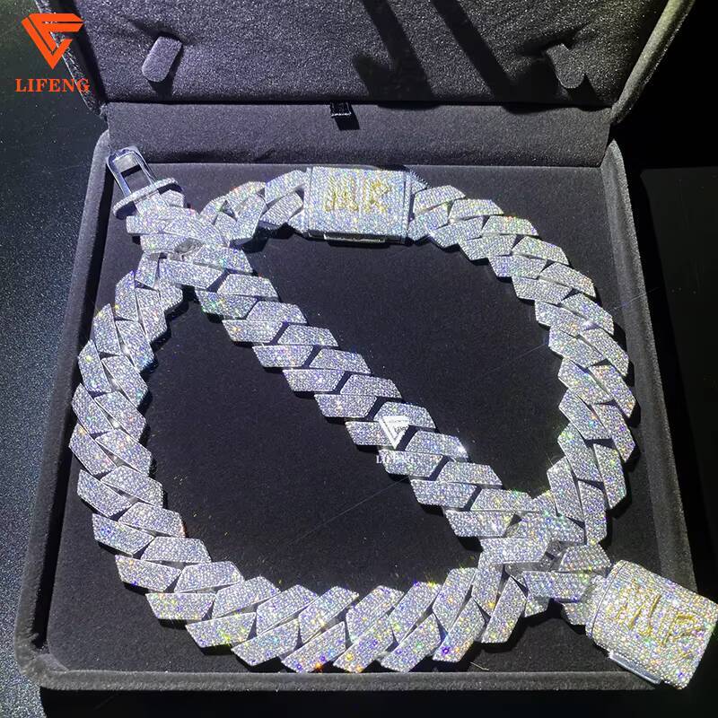 Custom White Gold Plated 20mm 4 RWOS Stones VVS1 Moissanite Diamond 925 Silver Necklace Jewelry Name Clock Cuban Link Chain Gift