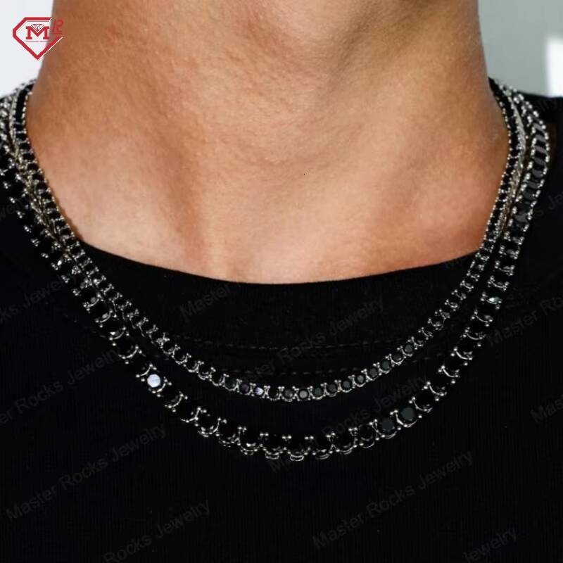 Hiphop Black Tennis Chain Necklace Bracelet 925 Silver VVS Iced Out Moissanite Tennis Chain