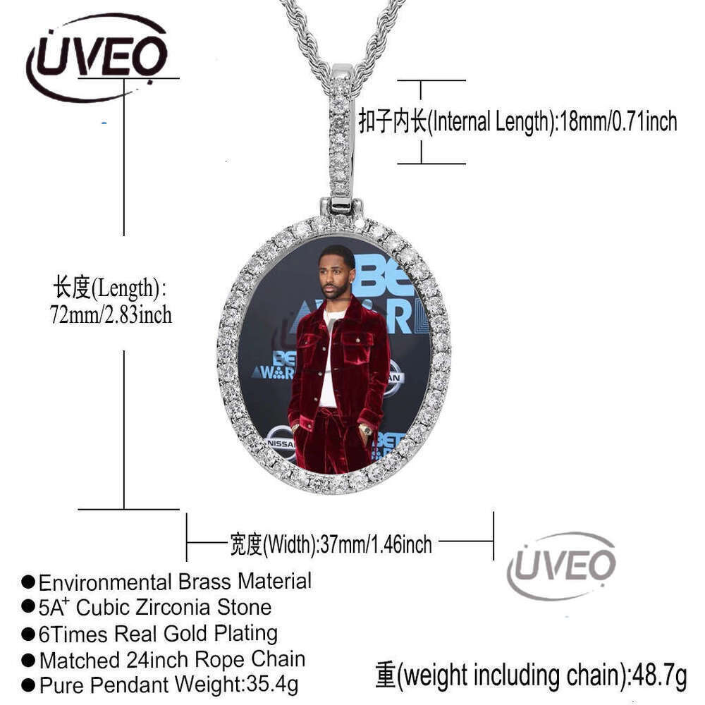 Luxury designer new products can carry photos. Hip hop style, gold plated, ice encrusted VVS Moissanite. Oval frame pendant necklace free shipping