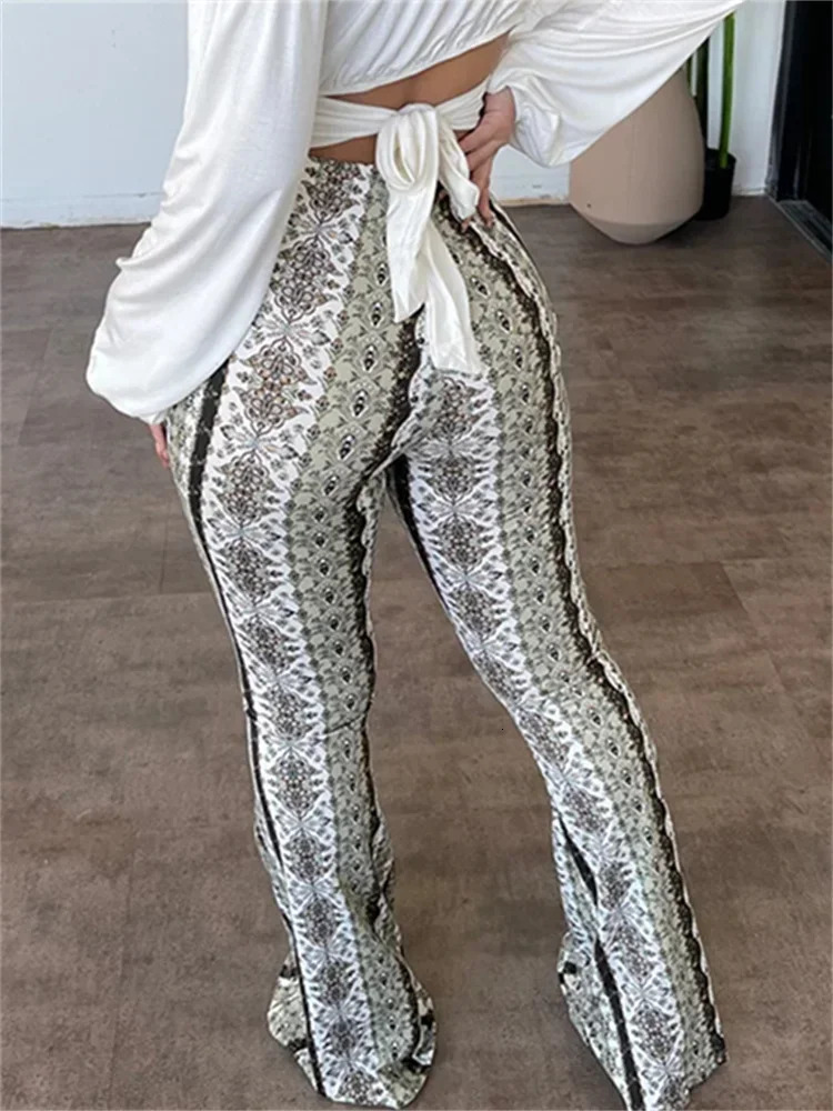 Women Flare Pants Bohemian Printed High Waist Bodycon Trousers Retro Palazzo Casual Long Pant Leggings Streetwear 251117
