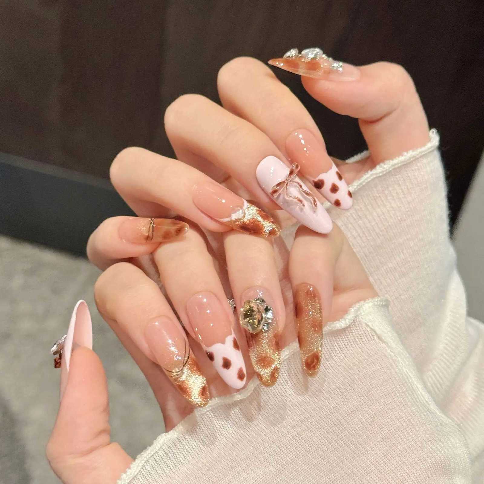 10pcs Leopard Print Pink Nails Set Press on French Long Oval Handmade Fake Nails Tips Bow Diamond Design False Nail Art WearableT251118T251119