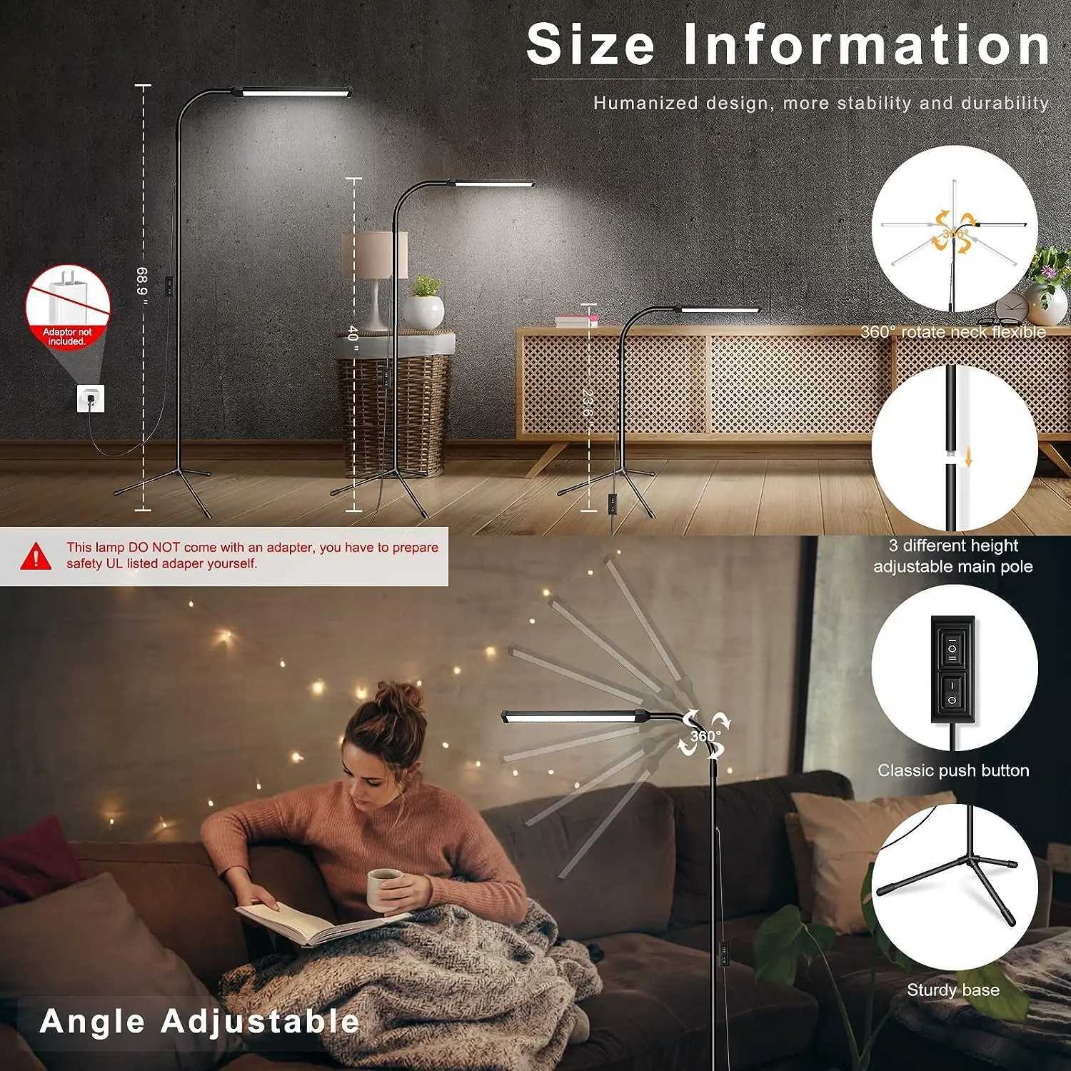 New LED Eye-Caring Floor Lamp Dimmable 3Light Modes with Flexible Gooseneck Height Adjustable USB Home Reading Light for Bedroom M251119