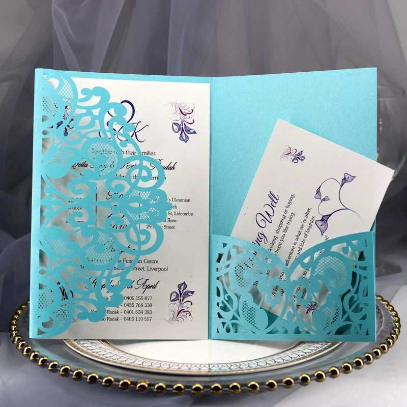 50pcs Blue White Elegant Hollow Laser Cut Wedding Invitation Card Greeting Card Customize Business With RSVP Card Party Supplies G251119