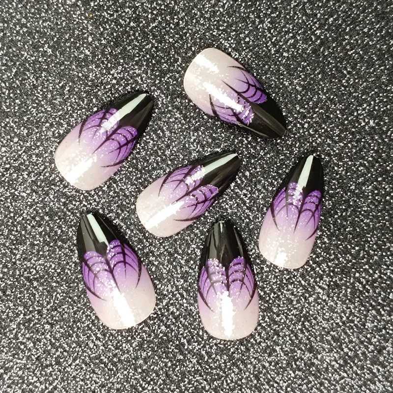 24pcs Halloween Spider Web Purple Almonds Fake Nails Press on Acrylic Tips for Nails Fingernails Decorated False Nails with GlueT251118T251119