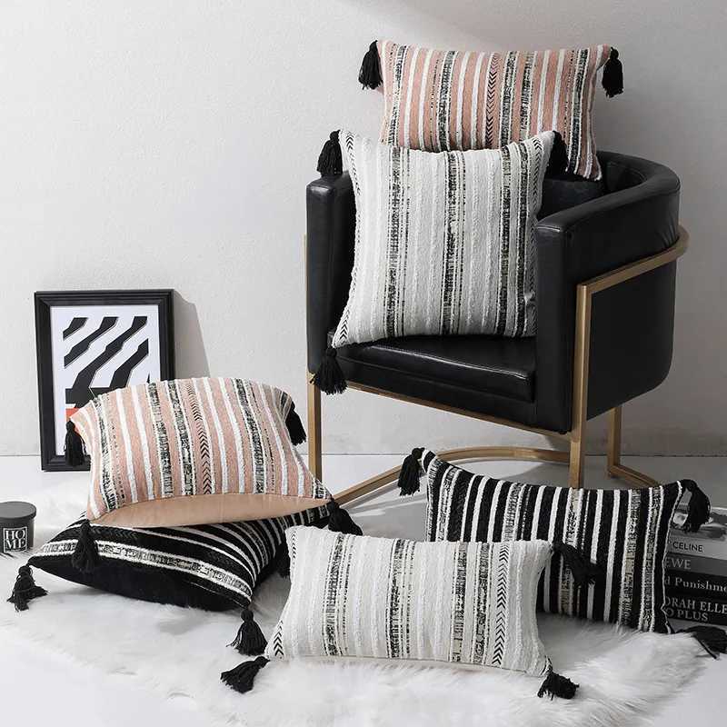 Simple Chenille Throw case 50X50 Yarn-Dyed Jacquard Stripe Geometric Fringe Sofa Cushion Cover Cojines Decor HomeM251119