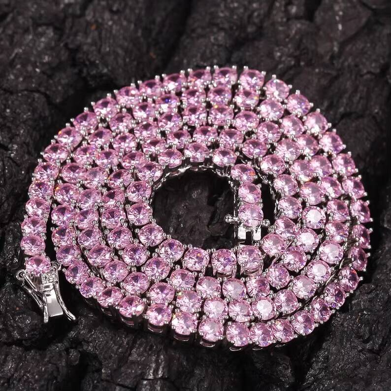 4MM Tennis Chain Necklace Pink Stone 925 Silver Pass Diamond Tester Moissanite Tennis Chain