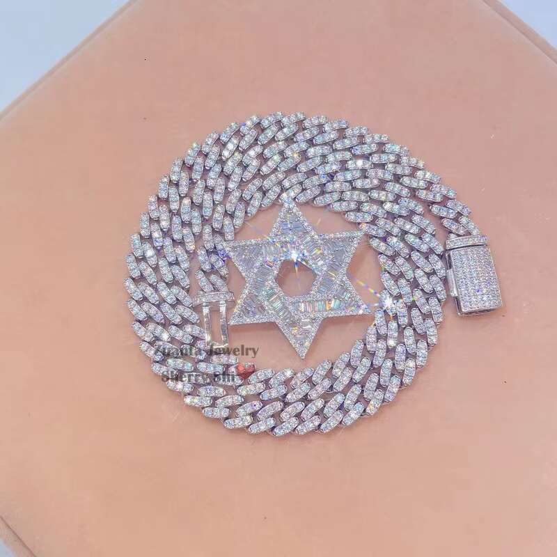 Hip Hop 8mm Moissanite Cuban Chain With Moissanite Iced Out baguette Diamond David Star Pendant