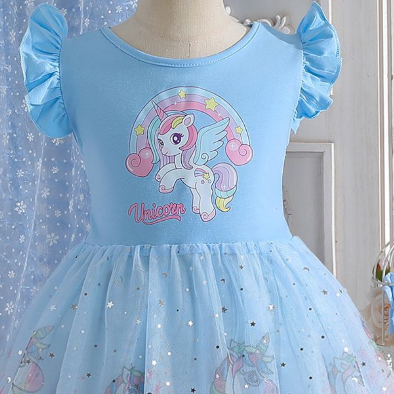 DISNEY kids designer clothes dress short-sleeved unicorn printed mesh Fairy princess dress unicorn dress for girls children birthday short sleeve puff
