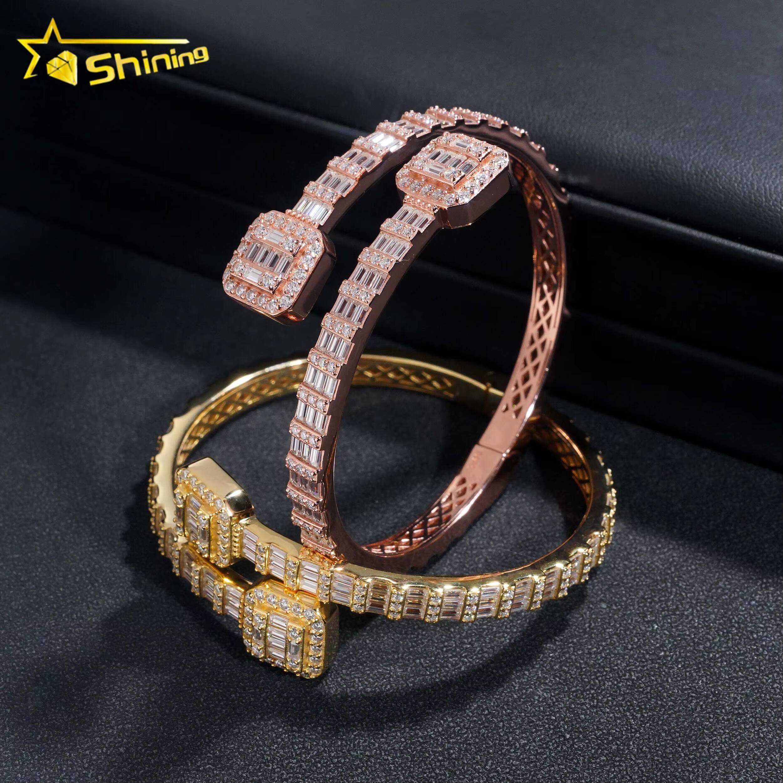 Factory Price Pass Diamond Tester Hip Hop Style 5MM Iced Out Baguette Diamond Square Clasp 925 Silver Moissanite Bangle Bracelet