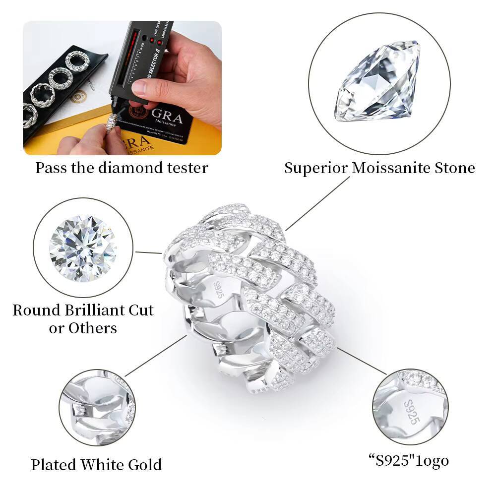 Xingyue Gems Fashion Jewelry Hip Hop 925 Sterling Silver Cuban Iced Out Moissanite Ring