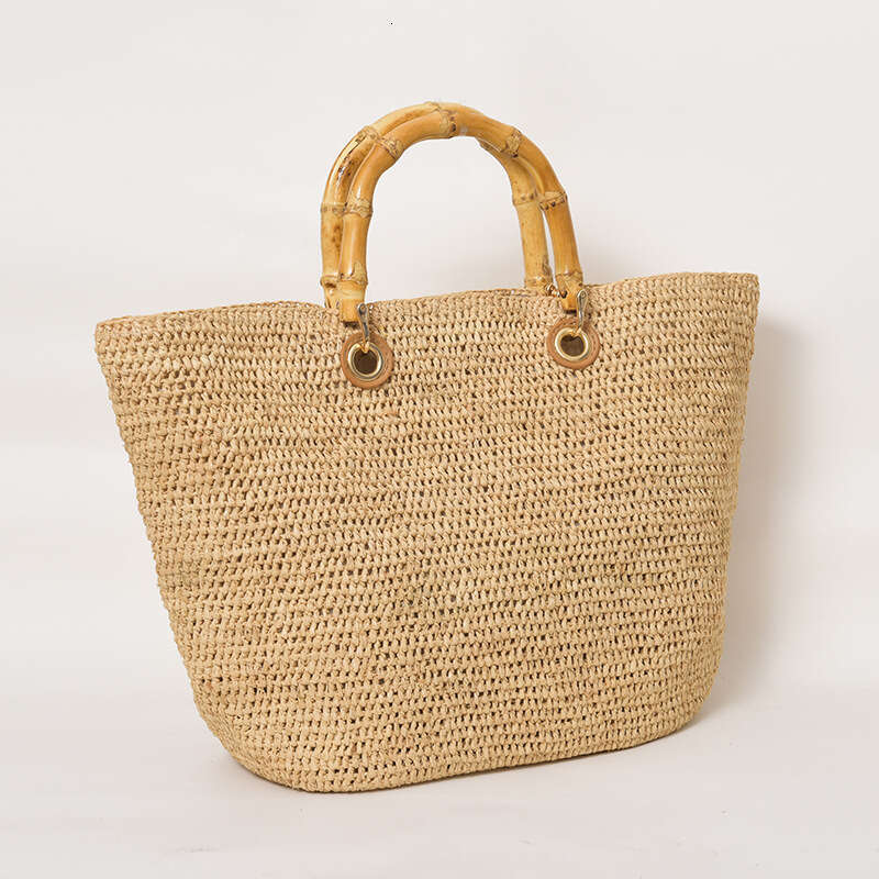 Handmade Beach Bag French Bamboo Handle Lafite Grass Hand Held Summer Hand Woven Beach Vacation Bag Vegetable Basket KQ