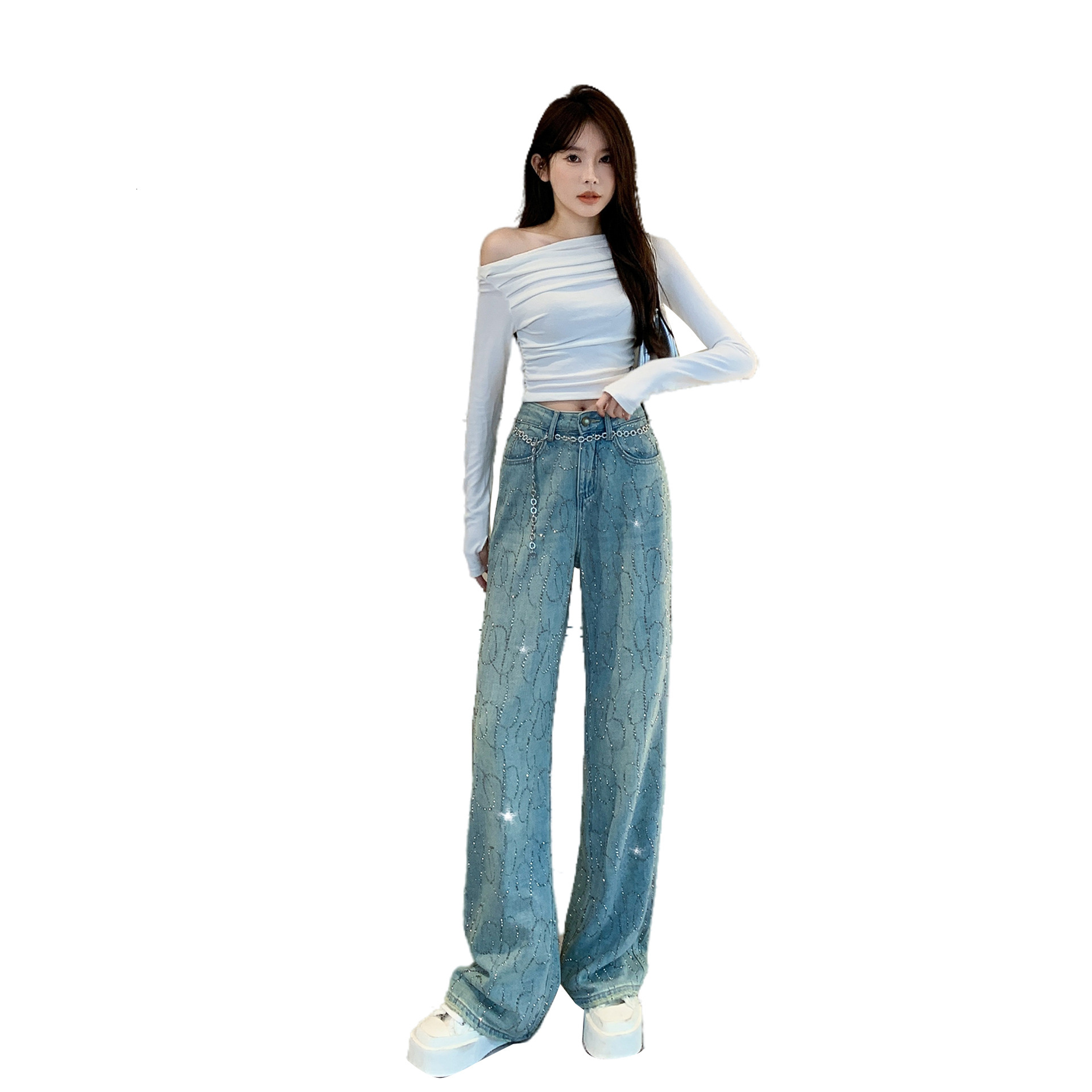 Designer Summer Luxury Gradient Jeans Women's Vintage Water Diamond Starry Sky Straight Leg Pants Narrow Legs Street Fashion College Students Blu