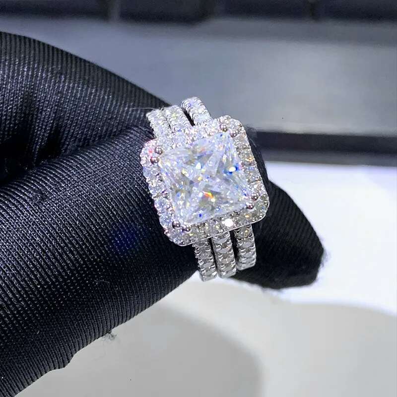 Cadermay sier 3ct square princess cut vvs moissanite halo pave stacking engagement wedding ring set for women