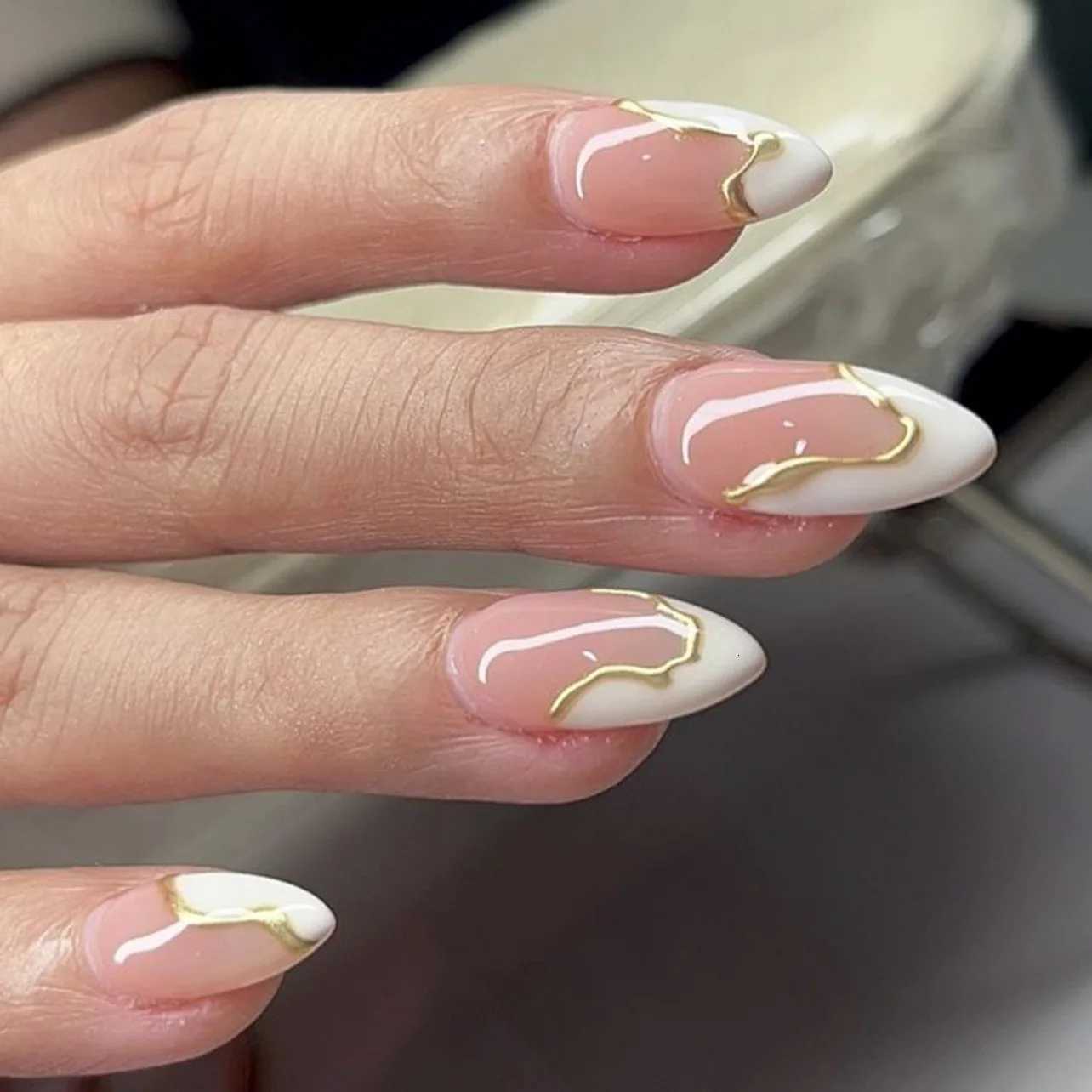 24Pcs Mid-length Almond Press on Nails with Flower Shiny Powder Design Fake Nail Detachable Finished Full Cover False Nails TipsT251118T251119