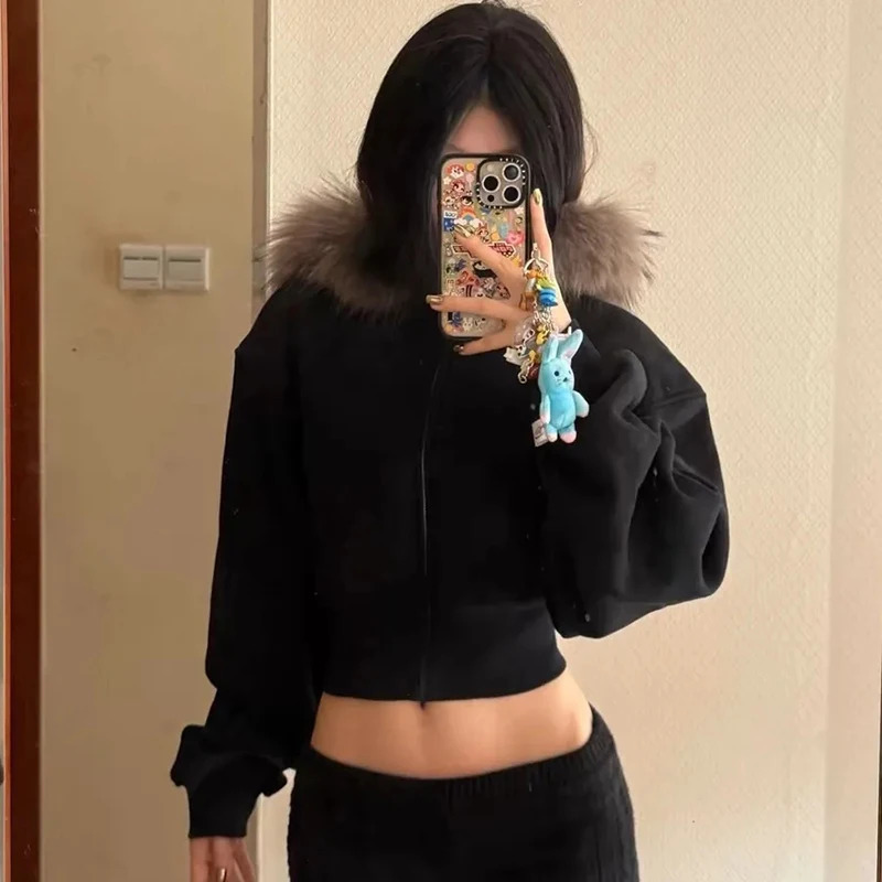 American Vintage Black Hoodie Sweatshirt Women Statement Fur Collar Long Sleeve Jacket Harajuku Y2K Zip Slim Street Cropped Coat 251124
