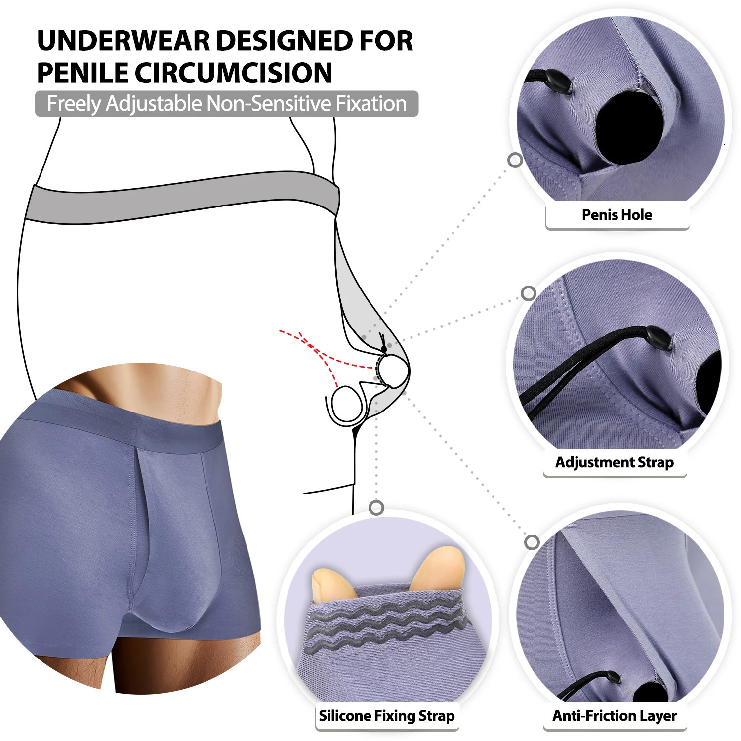 Physical therapy mens underwear with front opening adjustable loop box flat bottom pants 250417