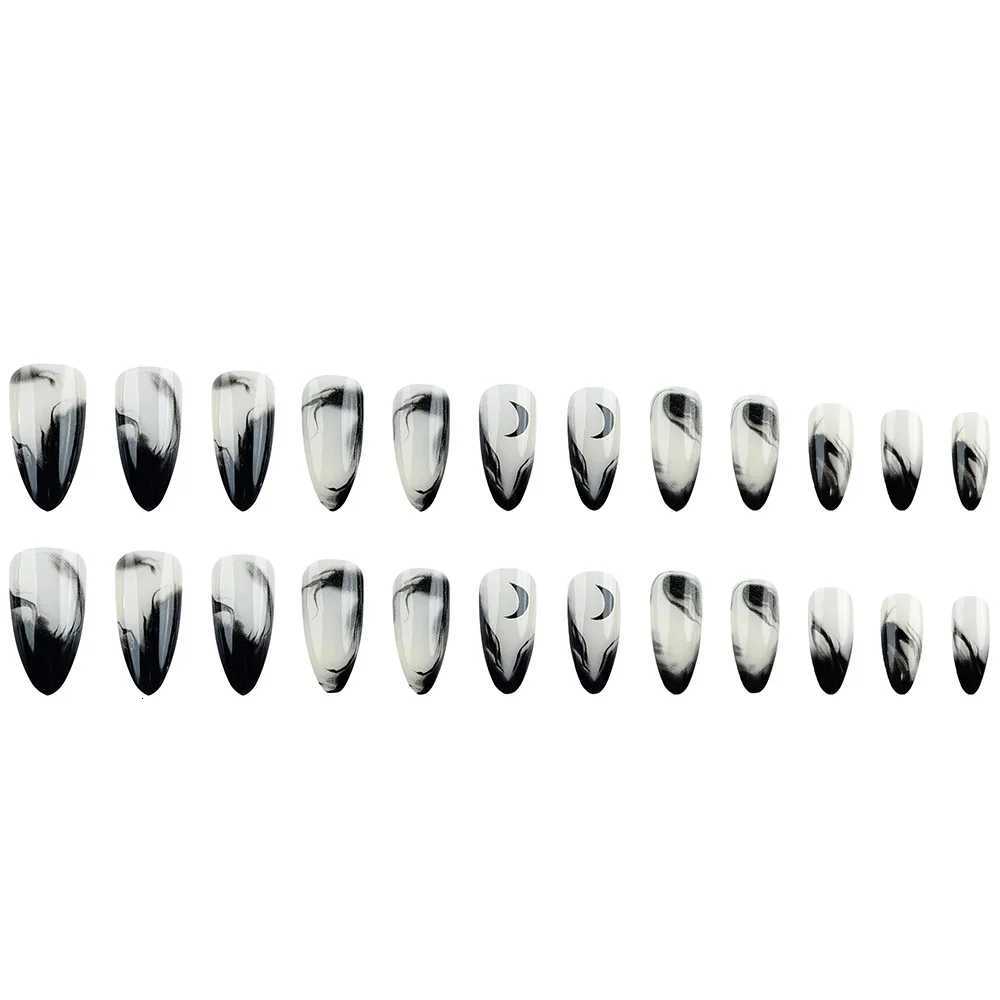 Spice Girls Pointed Artificial Nails Press On Long Almond Y2k False Nails Ink Chinese Style Fake Nails Black Gradient French TipT251118T251119