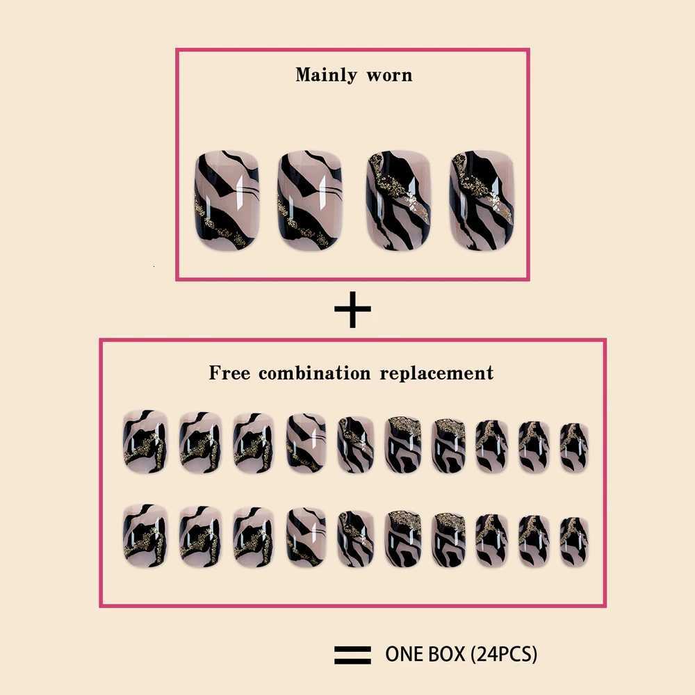 24Pcs Short Size quare with Black Stripes and Glitter Powder Girls Women Full Coverage Wearable Fake Nails SetT251118T251119