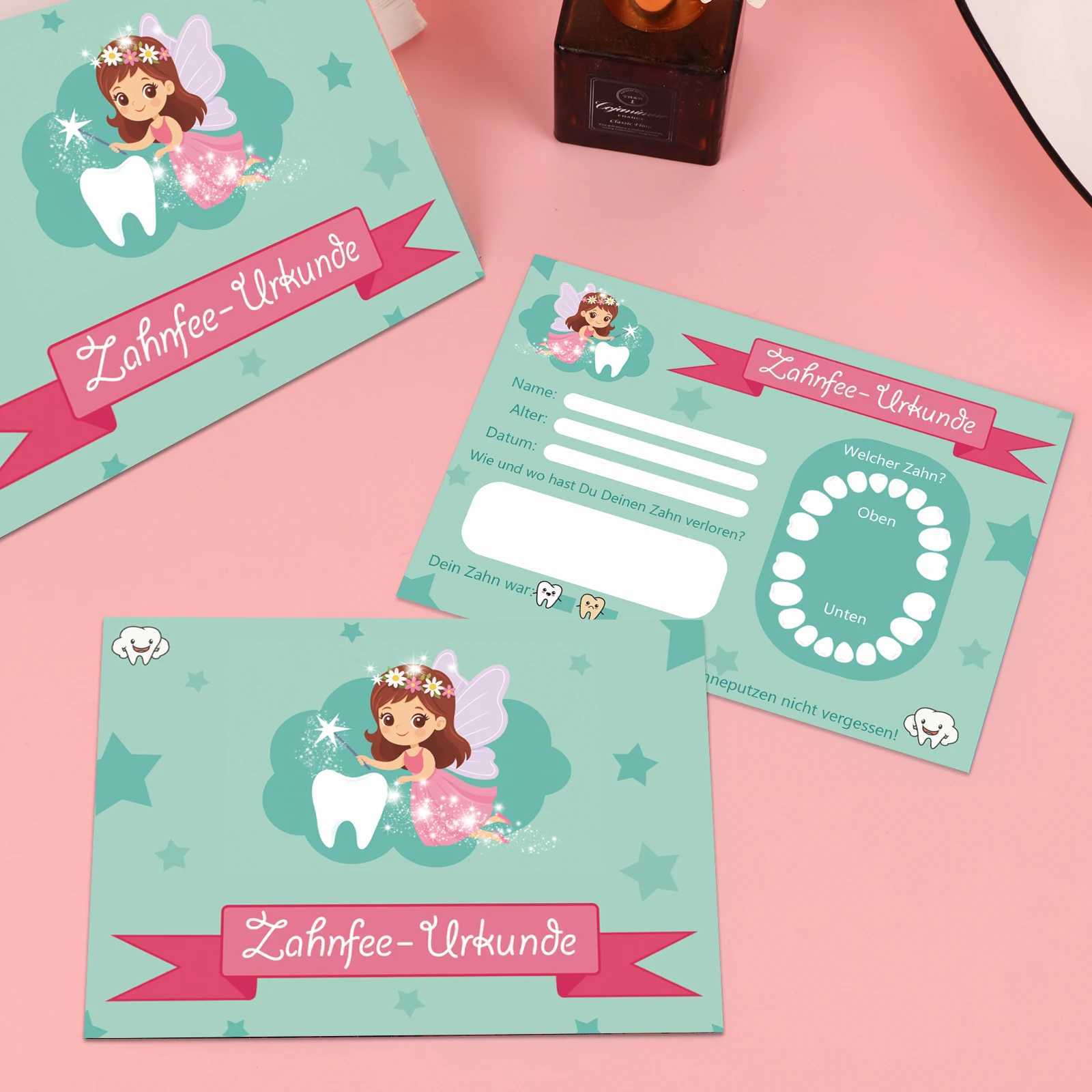 12pcs Tooth Fairy Certificate Zahnfee Urkunde Tooth Loss Commemorative Card with Green Background and Tooth Fairy Pattern Name G251119