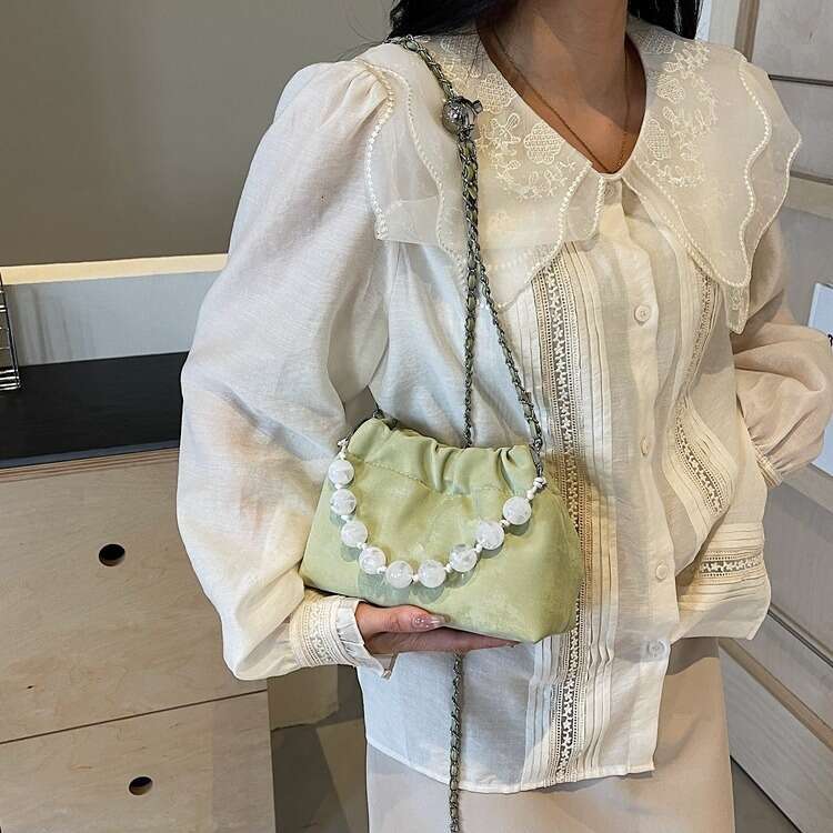 2025 Spring outing new fresh girl series solid color velvet beaded chain strap single shoulder small bucket bag for women