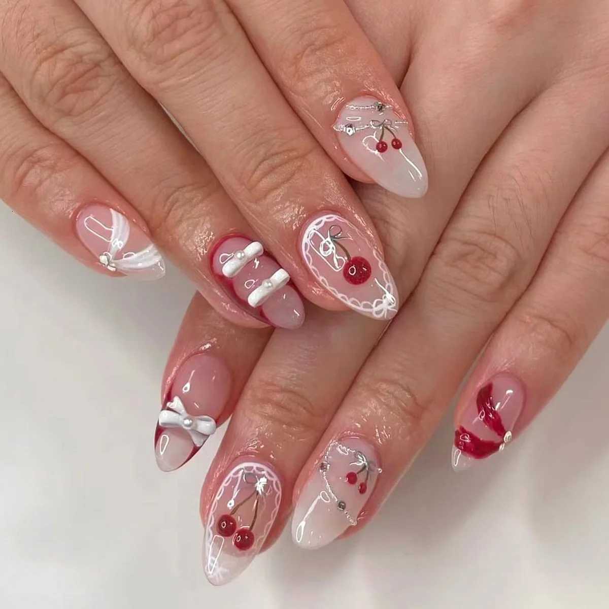 24Pcs Short Almond Full Cover False Nails Tips with Pink Smudge 3D Flower Design Press on Nails Pearl Detachable Fake Nails ArtT251118T251119