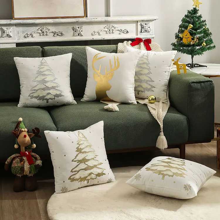 Elk Christmas Tree Hot Stamping Cover Autumn and Winter Snowflake Embroidery Cushion Cover 45X45CMM251119