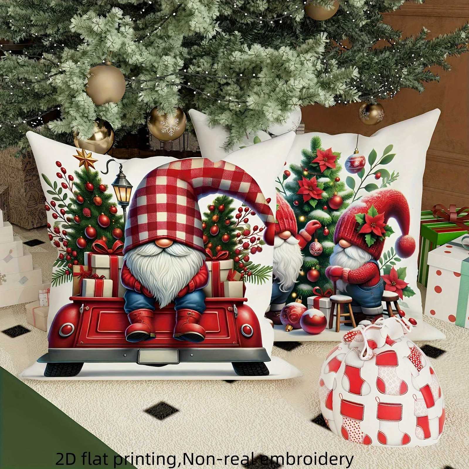 4pcs Christmas Covers Red Plaid Elf Truck Design Cozy Holiday Decor for Living Room Sofa HomeM251119